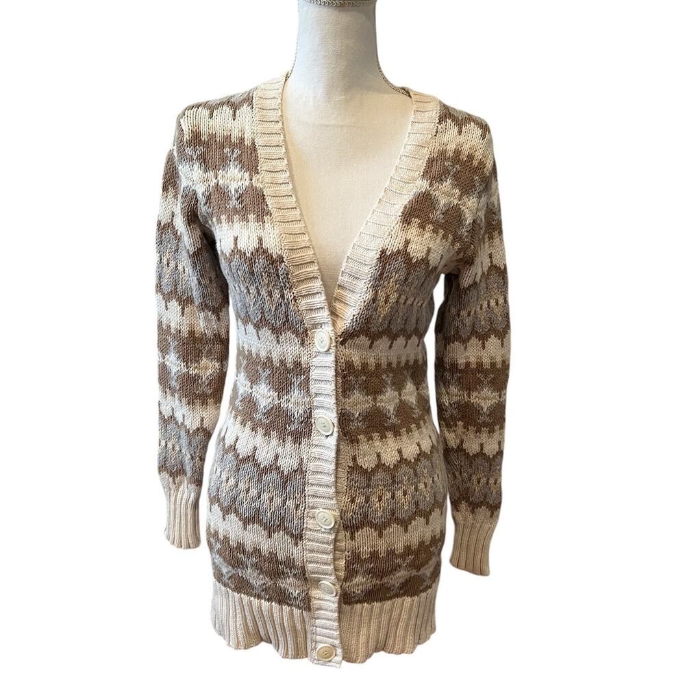 Bass Soft Cocoon Long Cardigan Sweater Ivory Taupe Print